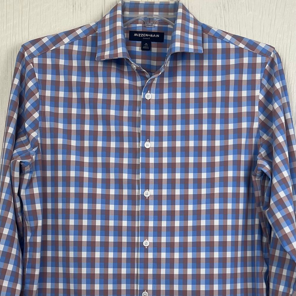 Mizzen+Main Leeward Shirt men’s medium trim, blue check rn 157281 poly/spandex - Picture 3 of 7